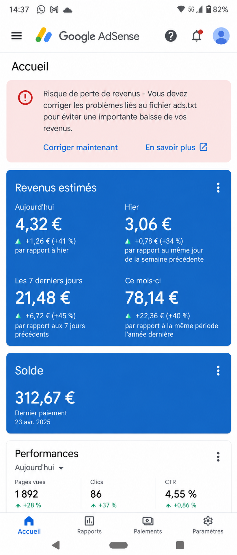 Capture du tableau de bord Google AdSense d'un élève