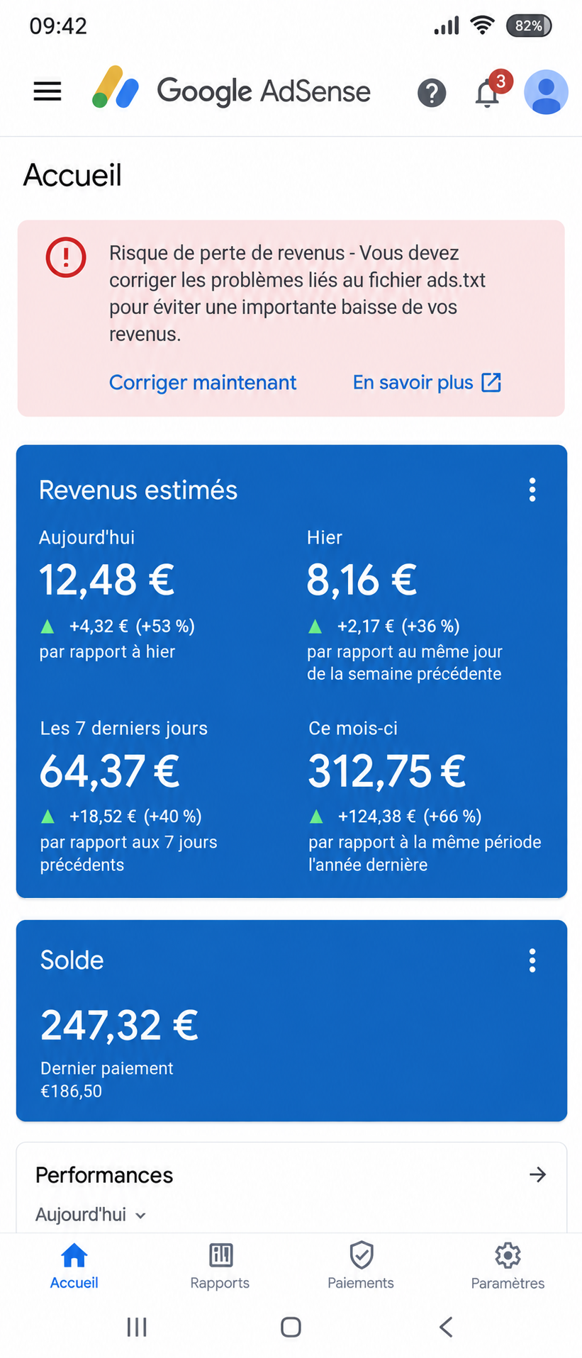 Capture du tableau de bord Google AdSense d'un élève
